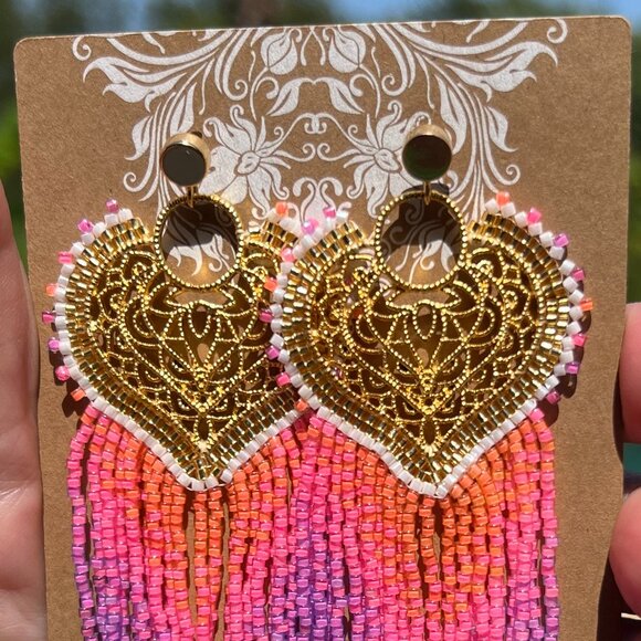 Handmade Beaded Long Fringe Dangle Drop Lightweight Sweetheart Post Earrings - Picture 4 of 10